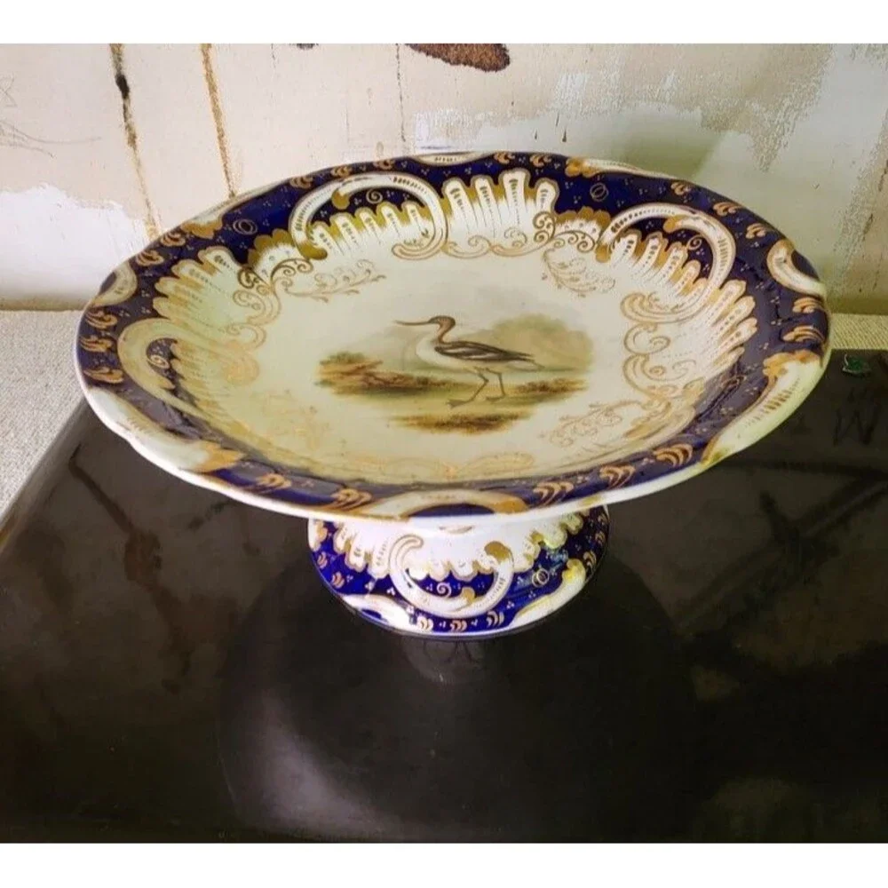 Antique Coalport Hand Painted Game Bird Compote Floral Cobalt Gold Tazza Comport